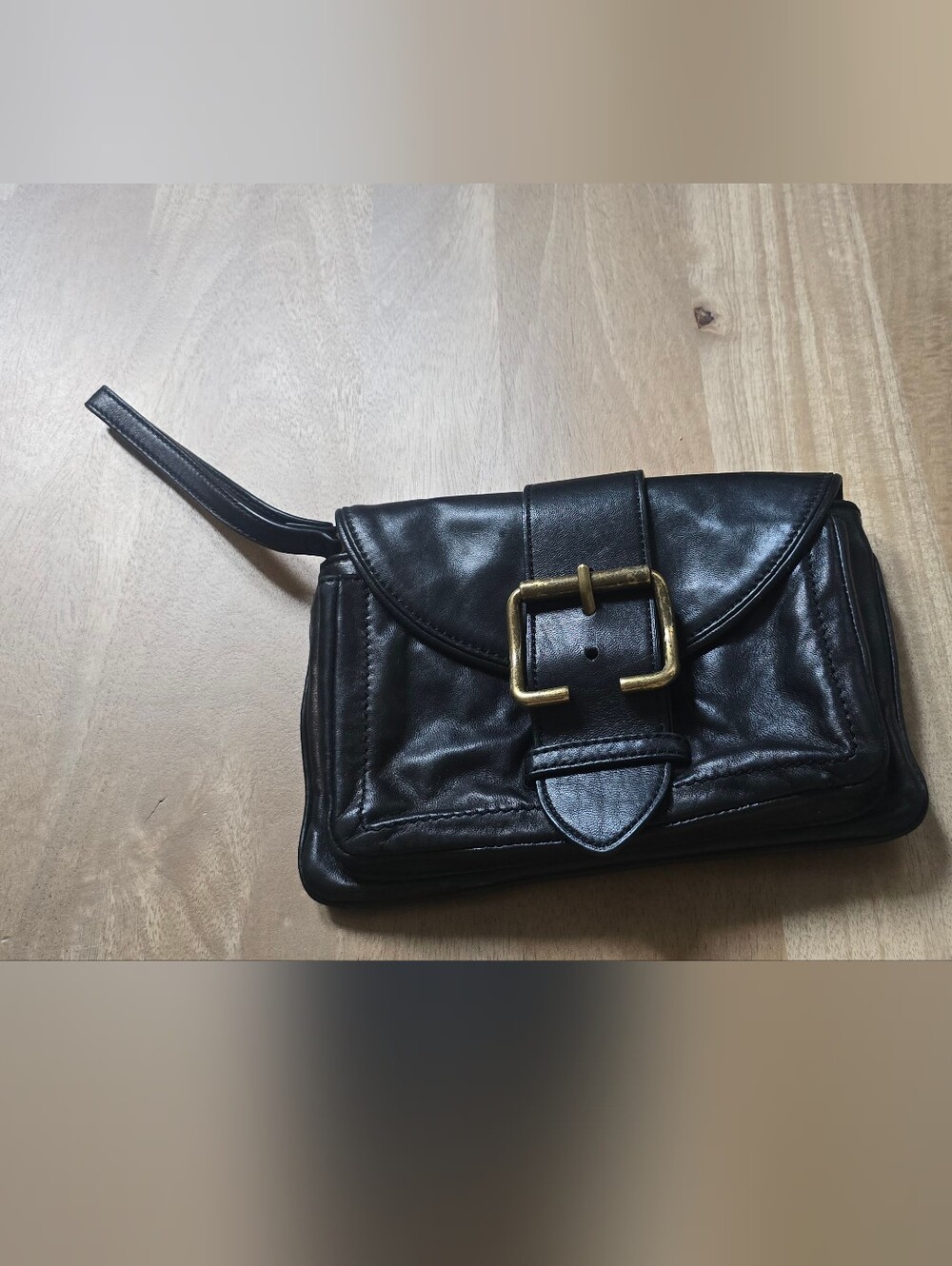 Brooks Brothers Black Leather Buckle Wristlet Clutch Pouch